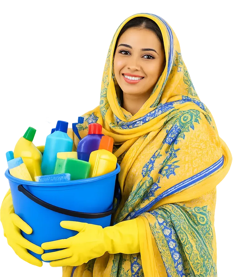 Femme mauritanienne tenant un seau de produits OMI